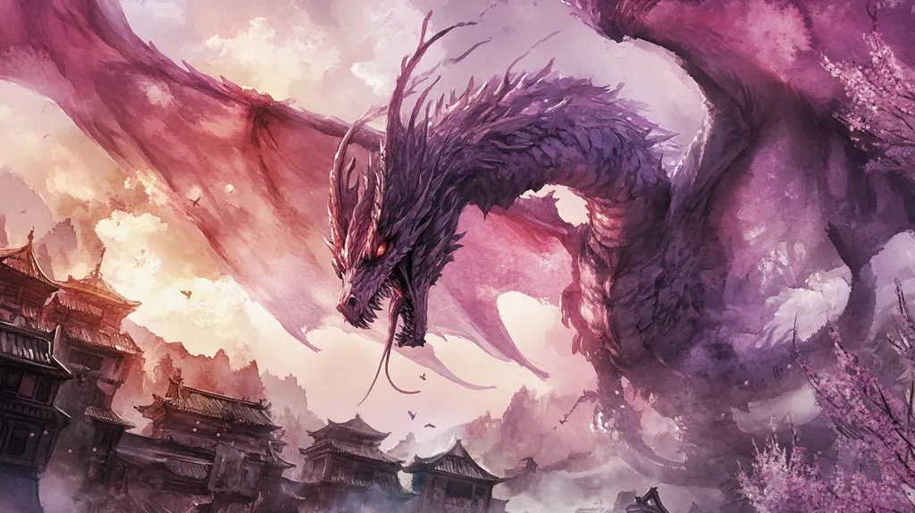 A colossal, purple dragon dominates a watercolor-style painting. Its immense wings spread across a soft pink and purple sky, casting a shadow over a collection of Asian-style buildings nestled in a misty landscape. The dragon's head is close to the viewer, its sharp teeth and glowing red eyes conveying power and menace.  The scene evokes a sense of mythical grandeur and impending threat.  The overall tone is atmospheric and dramatic.