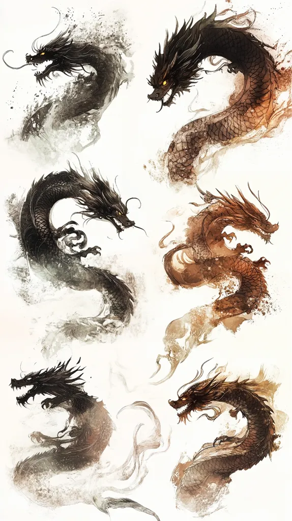 Here's a description of the image:

The artwork showcases six stylized dragons, rendered in a watercolor-like technique.  The dragons are depicted in various poses, some coiled, others more extended, with a dynamic sense of movement.  Their scales and bodies are suggested through washes of dark brown, black, and sepia tones, blending seamlessly with the background's hazy smoke or cloud-like effect.  The overall style suggests a blend of traditional East Asian art and fantasy, evoking a feeling of power and ethereal beauty.
