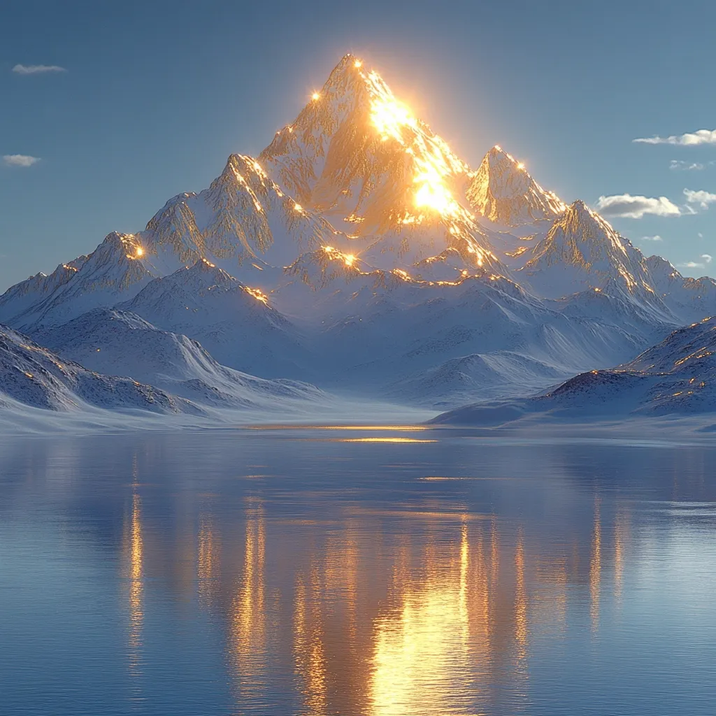 A majestic, snow-capped mountain peak dominates the landscape, its summit bathed in the golden light of the rising or setting sun.  The sun's rays illuminate the mountain's sharp ridges and valleys, creating a dazzling spectacle. A serene, calm lake stretches across the foreground, mirroring the golden hues of the sky and mountain, providing a perfect reflection of the scene's breathtaking beauty. The overall atmosphere is one of tranquility and awe-inspiring natural splendor.