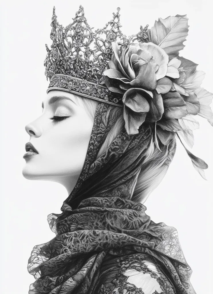 A stunning black and white pencil drawing depicts a woman in profile, her eyes closed in serene contemplation.  She wears an ornate, jeweled crown adorned with a large, meticulously rendered rose and leafy embellishments.  A dark, lacy veil or shawl drapes elegantly around her shoulders and head, complementing the crown's intricate details. The shading and detail create a dramatic, almost regal, atmosphere. The overall style is realistic with a touch of romanticism.
