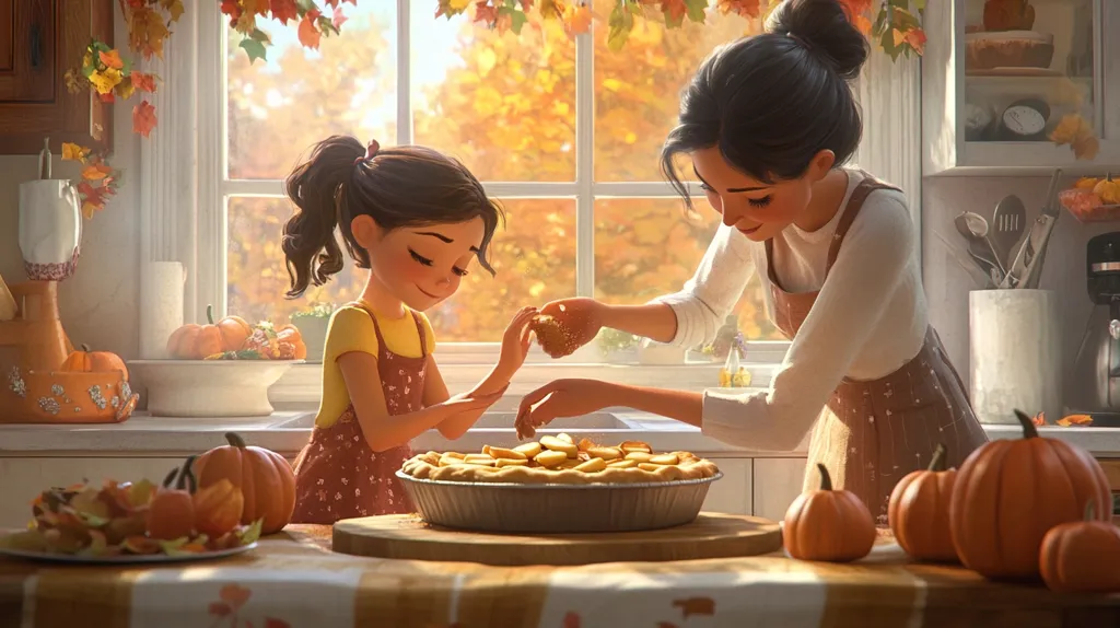 A mother and daughter bake an apple pie together in a sunlit kitchen.  Autumn leaves adorn the window, and pumpkins decorate the counter.  The mother, wearing a beige apron, gently guides her daughter, who's dressed in a floral pinafore, as they add apple slices to the pie.  The warm light and cozy atmosphere evoke feelings of family and autumnal traditions. The scene is rendered in a charming, stylized animation style.