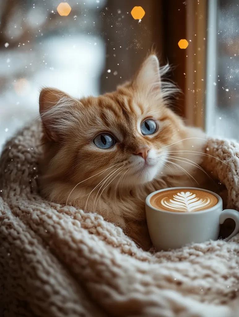 A fluffy ginger cat with striking blue eyes nestles in a cozy, cream-colored knit blanket by a window.  Snow falls gently outside, blurring the background with soft light and bokeh.  The cat rests contentedly beside a small cup of latte art coffee, creating a warm and inviting winter scene. The overall mood is peaceful and serene.