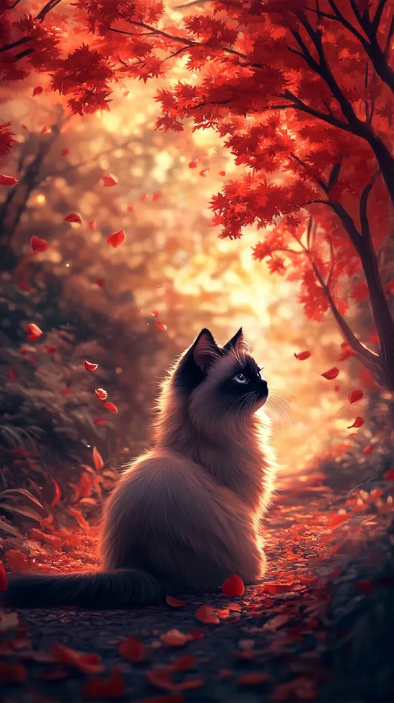 A fluffy, long-haired cat with blue eyes sits on a path in a forest bathed in the warm glow of autumn.  Crimson maple leaves fall around the cat, creating a serene and magical atmosphere. The light filters through the trees, illuminating the cat and casting a soft, golden hue on the scene. The overall image is one of peaceful tranquility amidst the beauty of nature's seasonal change.