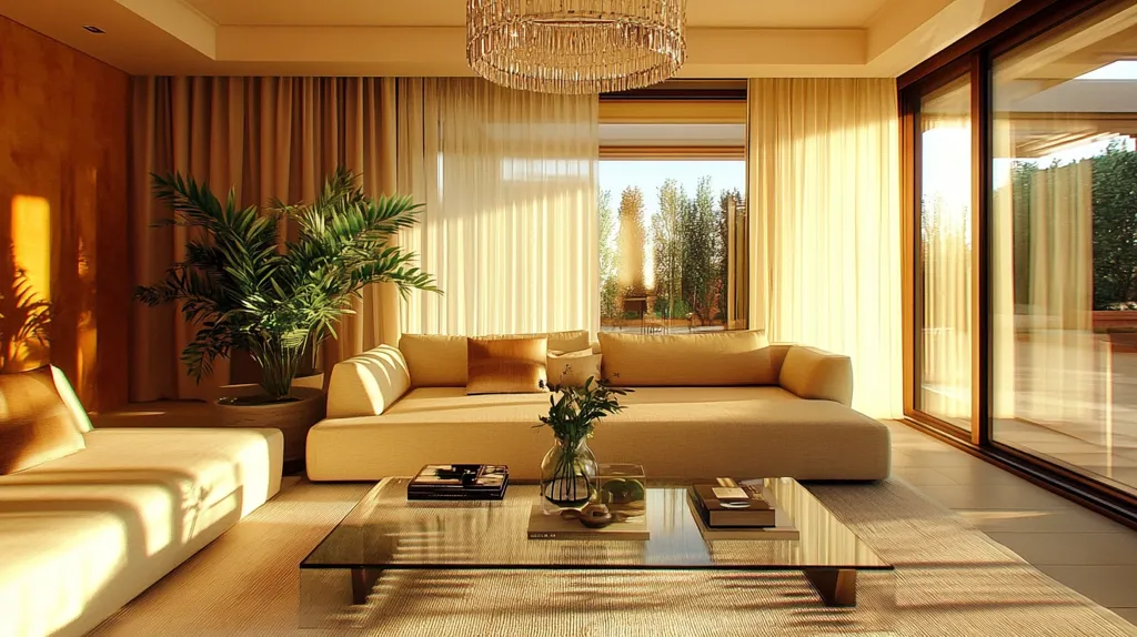 Sunlight streams into a luxurious living room, illuminating beige walls and sheer curtains. A large, low-slung beige sofa sits centrally, flanked by two smaller sofas. A glass coffee table displays books and a vase of greenery.  A large potted palm plant adds a touch of nature.  The room is elegantly minimalist with a warm, inviting atmosphere.  Large glass sliding doors offer views of a patio and verdant landscape beyond. A crystal chandelier hangs from the high ceiling.