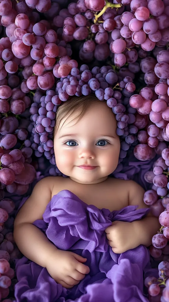 An adorable baby, with bright blue eyes and a sweet smile, is nestled amongst bunches of ripe purple grapes.  A grape-shaped crown adorns the baby's head, and a soft purple fabric wraps around its body. The image is a study in contrasting textures and colors, the smooth skin of the baby contrasting with the plump grapes and flowing fabric. The overall effect is one of innocence and gentle beauty.