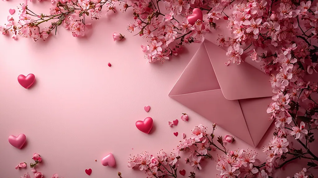 A blush pink background is adorned with delicate pink cherry blossoms, scattered small hearts, and a larger, similarly colored envelope. The blossoms frame the image, creating a romantic and airy feel.  The composition suggests a love letter or a message of affection, enhanced by the use of hearts. The overall aesthetic is soft, feminine, and suggestive of springtime.