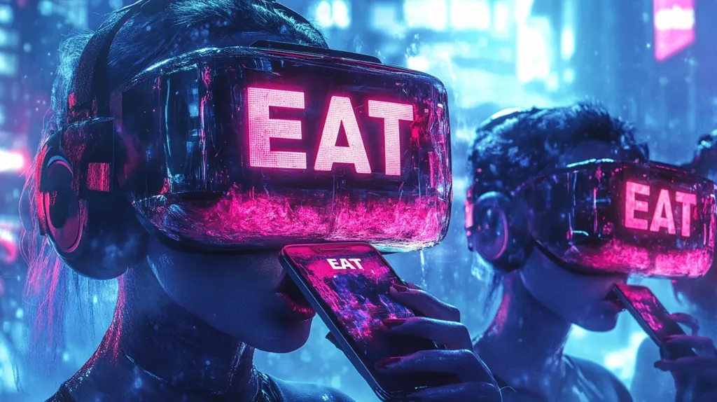 Here's a description of the image:

The image is a vibrant, cyberpunk-style depiction of two individuals immersed in virtual reality.  Both wear futuristic VR headsets with glowing pink "EAT" displays prominently featured.  The headsets are intricately designed and appear partially translucent, revealing the users' faces partially.  They hold phones displaying similar "EAT" screens, suggesting a virtual food experience.  The background is a blurred but neon-lit cityscape, enhancing the futuristic aesthetic.  The overall mood is a blend of technological advancement and a hint of dystopian intrigue.  The color palette is dominated by vivid pinks, blues, and purples.