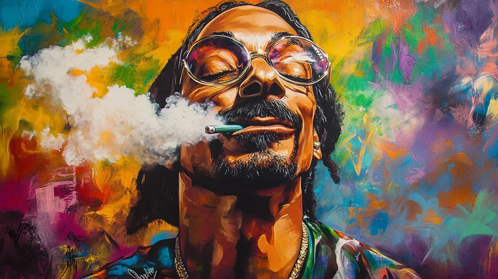 Here is a description of the image:

The vibrant painting is a stylized portrait of Snoop Dogg, rendered in a bold, expressive style.  His eyes are closed, and a puff of smoke exudes from his mouth, where he holds a lit cigarette.  He wears distinctive round glasses. The background is an explosion of colorful, abstract brushstrokes, in a range of oranges, yellows, greens, purples, and blues. The overall effect is energetic and dynamic, reflecting Snoop Dogg's persona and the artist's bold use of color and texture. The style could be described as a blend of portraiture and abstract expressionism.