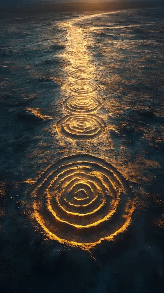 Here's a description of the image:

An aerial perspective reveals a captivating path etched into dark earth, illuminated by the setting sun.  The path is marked by a series of concentric circles, meticulously crafted, growing larger as they progress towards the vanishing point in the distance. The golden light of the sun enhances the texture and depth of the circles, creating a striking contrast against the darker surrounding landscape.  The overall impression is one of serene beauty and mysterious intent, suggesting a purposeful creation in a vast, lonely space.