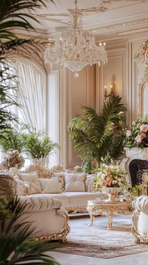 Here's a description of the image:

A luxurious living room, opulent in its design, is showcased.  Cream-colored, ornate furniture, including a large sofa and armchairs with gilded detailing, dominates the space.  A large, crystal chandelier hangs from the ceiling, casting light on the room.  Lush greenery, including potted plants and floral arrangements, adds a touch of nature to the refined setting.  The room features large windows draped with sheer curtains and rich wall paneling, contributing to the overall sense of grandeur and elegance.  A beautiful gold coffee table sits in the center of the room, completing the luxurious feel.