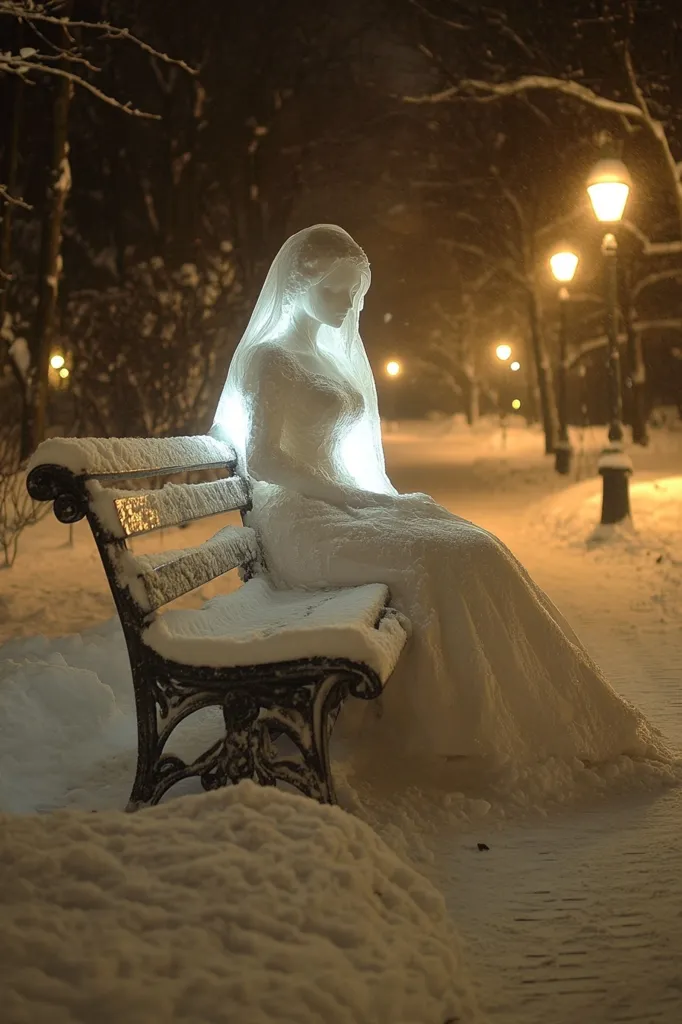 A snow-covered statue of a bride in a wedding gown sits on a park bench at night.  Soft, warm light illuminates the figure, creating a mystical ambiance. The scene is set in a snow-dusted park, with dimly lit street lamps lining a path in the background.  The overall effect is serene and slightly melancholic, emphasizing the solitude of the figure.