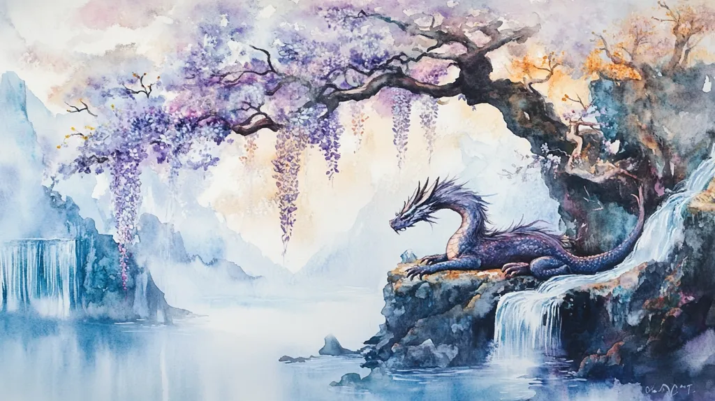 A watercolor painting depicts a serene, mystical landscape.  A dark purple dragon rests on a rocky outcrop beside cascading waterfalls, its form subtly blending with the cool blues and purples of the scene.  A large wisteria tree, laden with purple blossoms, arches overhead, its branches extending over the tranquil water.  Misty mountains rise in the background, creating a sense of ethereal beauty and quietude. The overall impression is one of peaceful magic and fantasy.