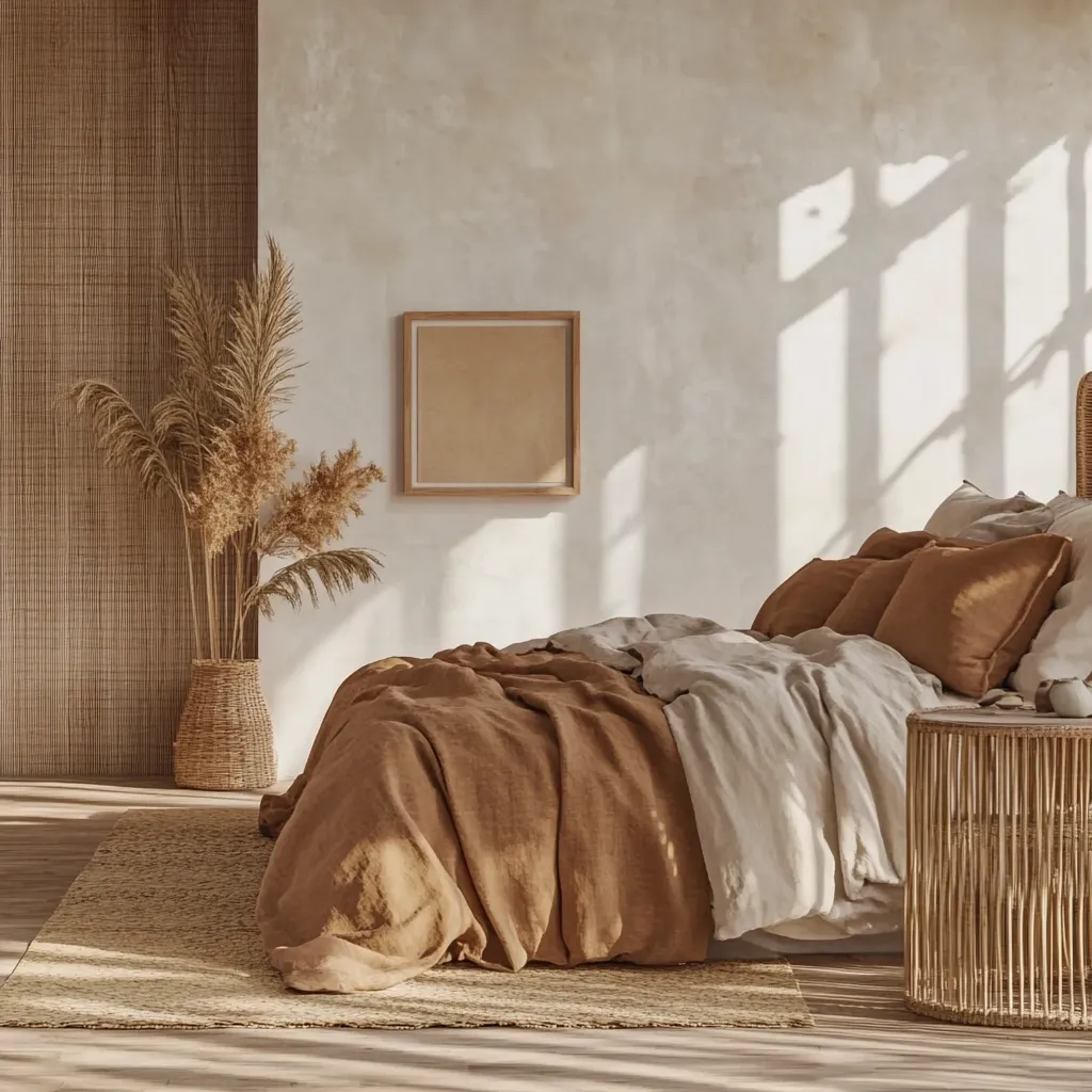 Here's a description of the image:

A sun-drenched bedroom, styled in a minimalist bohemian aesthetic, features a large bed with a light beige linen duvet and a rich brown linen throw.  Earth-toned pillows add texture.  A woven basket holds pampas grass against a textured wood wall. A small, light-brown framed picture hangs on the wall above the bed. A matching woven side table sits beside the bed, completing the warm, neutral color scheme.  Sunlight streams through a window, casting shadows across the light plaster walls and the jute rug below the bed. The overall feel is calm and serene.