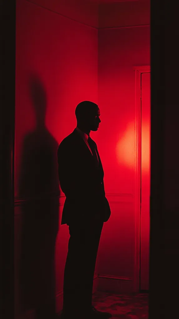 Here's a description of the image:

The image is a stark silhouette of a man in a suit standing in a dimly lit hallway bathed in red light. The man is positioned in profile, his body slightly angled away from the viewer.  The red light casts dramatic shadows on the walls, creating a moody and mysterious atmosphere. The hallway appears narrow, with a door visible in the background, also illuminated by the same red glow. The overall effect is one of suspense and intrigue.