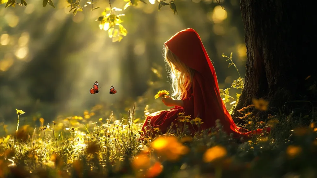 A young girl in a red hooded cloak sits in a sun-dappled forest clearing.  She gently holds a small yellow flower, her long blonde hair cascading around her. Two butterflies flutter nearby, adding to the magical ambiance.  The scene is bathed in warm, golden light filtering through the trees, creating a whimsical and enchanting atmosphere.  The overall mood is peaceful and serene.