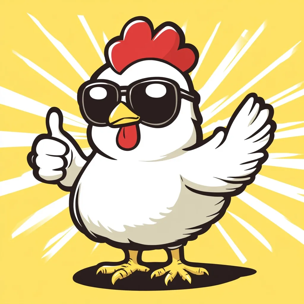 Here's a description of the image:

The illustration depicts a cartoon chicken, white with a red comb, sporting black sunglasses.  It's giving a thumbs-up with one wing outstretched, conveying a positive and playful attitude.  The chicken is positioned against a bright yellow background with radiating lines emanating from it, creating a dynamic and energetic visual effect. The style is bold and cartoonish, suitable for branding or a fun, lighthearted design.