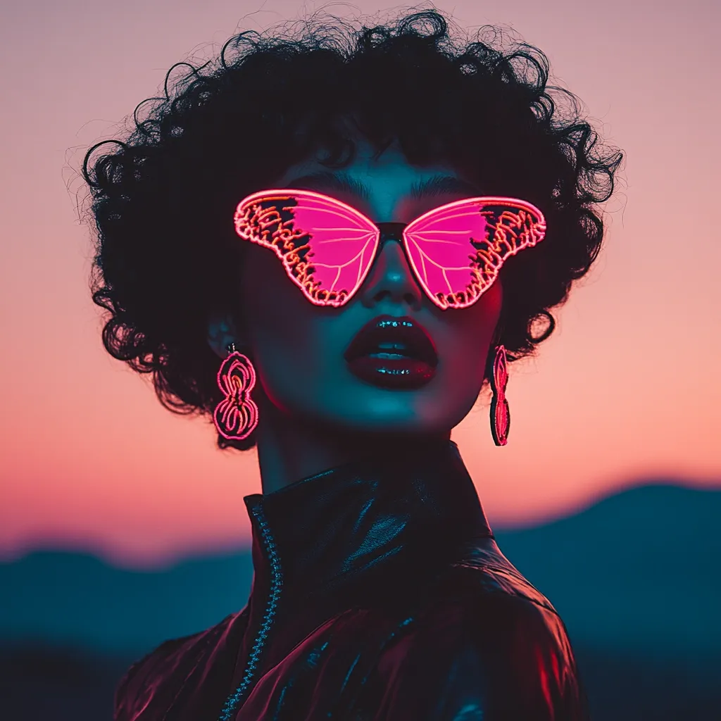 Here's a description of the image:

Close-up portrait of a woman with short, dark curly hair. She's wearing vibrant pink, butterfly-shaped sunglasses that glow with a neon effect.  Her earrings match the sunglasses' style and color. She's dressed in a dark, possibly leather, jacket. The background is a dramatic sunset, with warm pink and orange hues contrasting against a cooler-toned sky. The overall aesthetic is bold, stylish, and slightly futuristic. The lighting is dramatic, emphasizing the pink tones and the model's features.