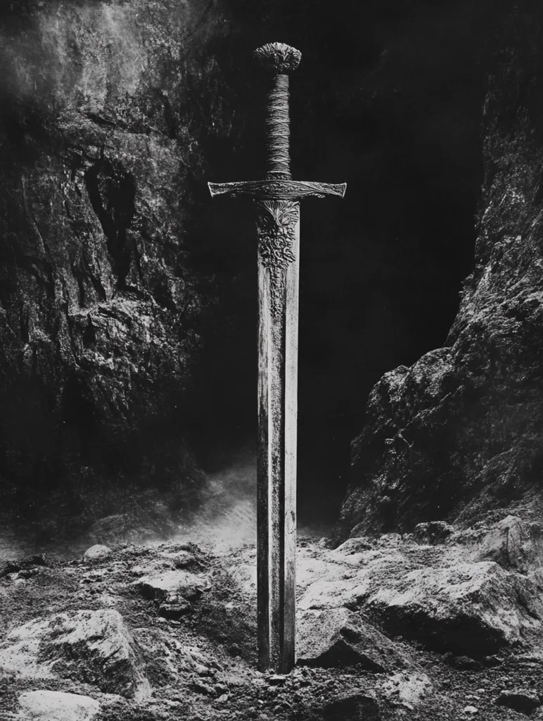 Here's a description of the image:

The monochrome photograph depicts a sword planted firmly in the ground, its hilt bound with what appears to be leather or rope.  The sword is ornately detailed, showcasing carvings or etchings along its blade and hilt. It stands centrally within a dark, rocky, and cavernous environment, the rough texture of the surrounding stones contrasting with the sword's smooth, yet weathered surface. A hazy, ethereal quality surrounds the sword’s base, suggesting dust or mist. The overall mood is dark, mysterious, and slightly foreboding, evocative of a legendary or mythical setting.