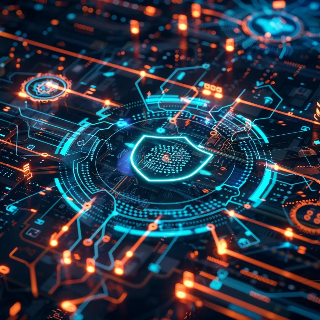 The image is a stylized digital rendering of a circuit board.  A glowing cyan shield icon, composed of smaller symbols, is centrally located within a circular, concentric pattern of illuminated circuitry.  Orange accents highlight the connections and pathways. The overall effect creates a visual representation of digital security and protection within a complex network. The intricate design suggests advanced technology and cybersecurity.
