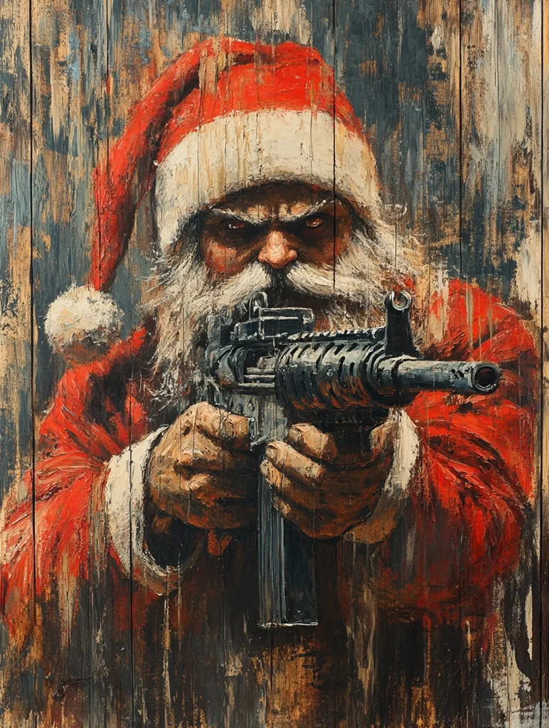 Here's a description of the image:

The painting depicts a menacing Santa Claus, his traditional red suit contrasting sharply with his grim expression.  He holds a submachine gun, his hands gripping it firmly.  His eyes are narrowed, conveying aggression, while his white beard partially obscures his determined face.  The background is a dark, textured wood panel, enhancing the overall dark and unsettling mood. The style is painterly and textured, lending a gritty, almost violent feel to the festive iconography. The image is a jarring juxtaposition of Christmas cheer and violent imagery.