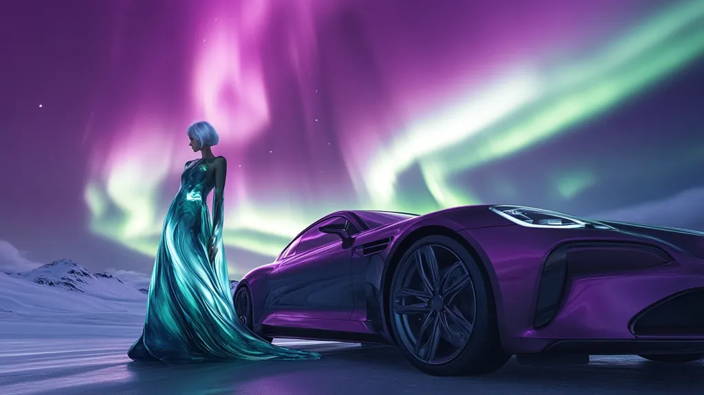 A woman in a flowing, teal gown stands beside a sleek, purple sports car in a snowy landscape under a vibrant aurora borealis. The purple and green hues of the Northern Lights contrast beautifully with the woman's dress and the car's metallic paint.  The scene evokes a sense of futuristic elegance and otherworldly beauty.  The mountains in the background are covered in snow, adding to the cold, serene atmosphere.