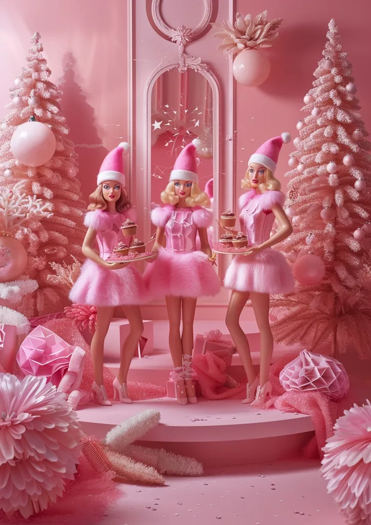 Three Barbie dolls, adorned in pink fluffy dresses and Santa hats, stand on a pink stage. Each doll holds a tray of pink-frosted cupcakes.  The setting is overwhelmingly pink, featuring pink Christmas trees, decorations, and glittering surfaces.  The scene is festive and whimsical, evoking a luxurious and stylish Christmas celebration.