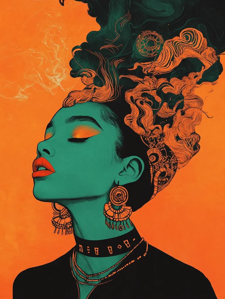 The artwork features a stylized portrait of a woman with teal skin against a vibrant orange background. Her eyes are closed, and her lips are painted a bold red. Her elaborate hairstyle resembles a swirling cloud of orange and dark green, accented with intricate details. She wears large, ornate earrings and several necklaces, adding to her regal appearance. The overall style is bold, graphic, and evocative of art nouveau and psychedelic aesthetics.  The piece conveys a sense of serenity and otherworldly beauty.