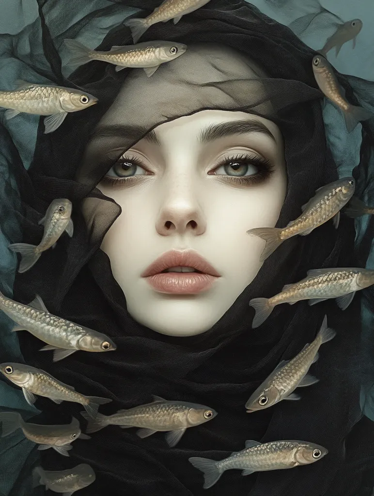 Here's a description of the image:

The image is a stylized portrait of a woman's face, partially obscured by a dark, sheer veil.  Numerous small fish swim around her head and neck, creating a surreal underwater effect despite the absence of actual water.  The woman's expression is serene and slightly melancholic. Her makeup is subtle yet striking, emphasizing her eyes and lips. The overall tone is dark and moody, with a blend of fantasy and realism. The contrast between the delicate features of the woman and the surrounding fish creates a captivating visual narrative.