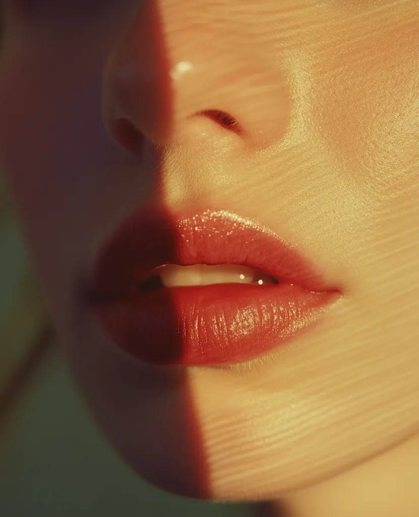 Here's a description of the image:

Close-up view of a woman's lower face, bathed in warm, golden sunlight. The focus is on her lips, painted a rich, reddish-brown shade.  A distinct shadow, cast by an unseen object, diagonally bisects her face, highlighting the texture of her skin.  The skin appears smooth with subtle lines visible due to the lighting. The overall impression is one of soft, sun-kissed beauty.