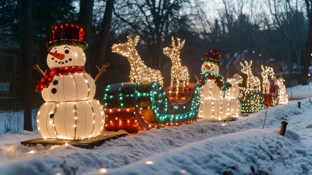 A charming Christmas display lines a snow-covered path.  Illuminated snowmen, with cheerful expressions and colorful scarves, are positioned on either side of a sleigh pulled by glowing reindeer.  The figures are intricately designed with warm white lights outlining their forms, creating a festive and magical atmosphere against the backdrop of a dark, wintry night. The scene exudes a cozy, holiday spirit.