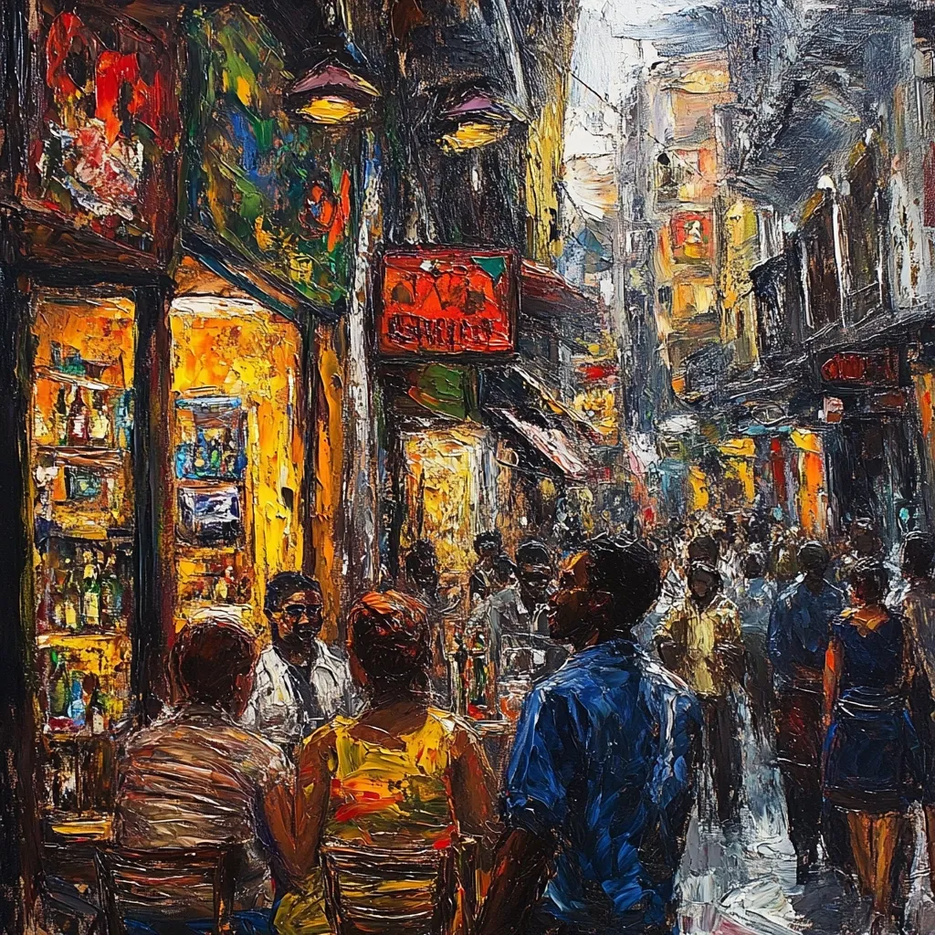 Here is a description of the image:

The painting depicts a bustling, dimly lit street scene, likely in a city at night.  The style is impasto, with thick, visible brushstrokes creating a textured, almost three-dimensional effect.  Warm, golden light emanates from a bar or shop, illuminating a group of people seated at tables.  The figures are painted impressionistically, with details suggested rather than precisely rendered. The street is crowded with other pedestrians, their forms blending into the lively background of shops and buildings. The overall mood is vibrant yet slightly melancholic, capturing the energy and atmosphere of a city street at twilight.  The colors are rich and varied, ranging from warm oranges and yellows near the bar to cooler blues and grays in the background.
