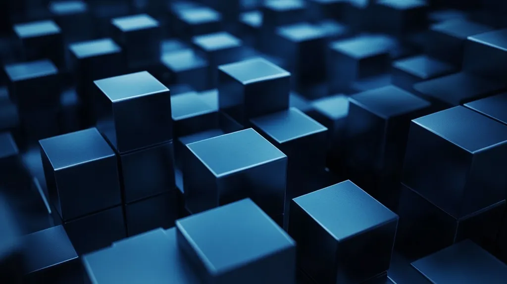 The image shows a dense, three-dimensional arrangement of dark blue cubes.  The cubes are uniformly sized and appear to be metallic, reflecting light subtly.  They are stacked irregularly, creating a textured, almost abstract landscape.  The depth of field is shallow, focusing on the cubes in the foreground while those further away blur slightly, adding to the sense of depth and complexity. The overall color palette is monochromatic, focusing on varying shades of deep blue.