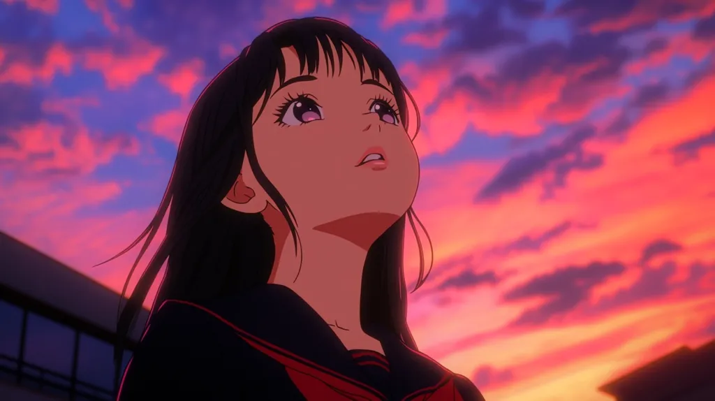 Here's a description of the image:

The image is an anime-style illustration of a young woman with long, dark hair, gazing upward at a vibrant sunset.  She's wearing a dark blazer with a red undergarment, suggesting a school uniform. The sky is a dramatic blend of purples, oranges, and reds, with fluffy clouds creating a textured backdrop. The overall mood is serene and contemplative, enhanced by the soft lighting and the girl's peaceful expression.  The scene feels nostalgic and slightly melancholic.