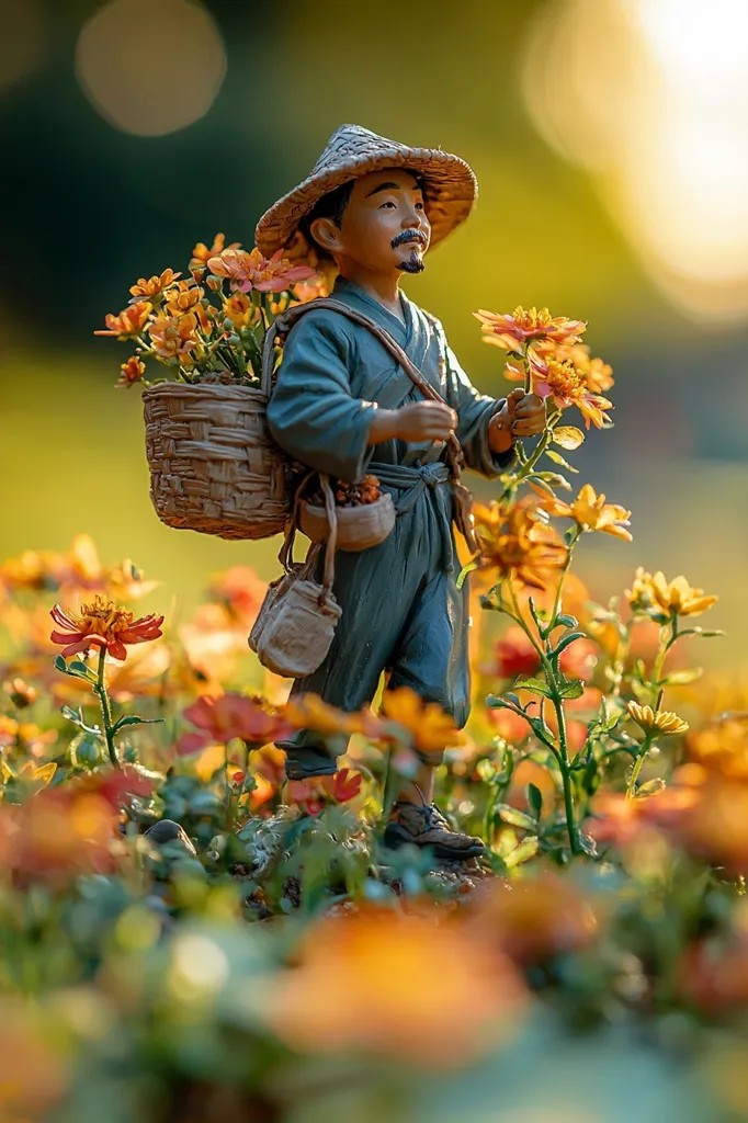 Here's a description of the image:

A charming figurine of an Asian man, adorned in a conical hat and traditional-style clothing, stands amidst a vibrant field of orange flowers.  He carries a woven basket overflowing with similar blooms and additional smaller containers, suggesting a harvest or offering. The warm, golden light casts a gentle glow on the scene, creating a peaceful and idyllic atmosphere. The depth of field focuses on the figurine, while the flowers softly blur into the background. The overall effect is one of serenity and connection with nature.