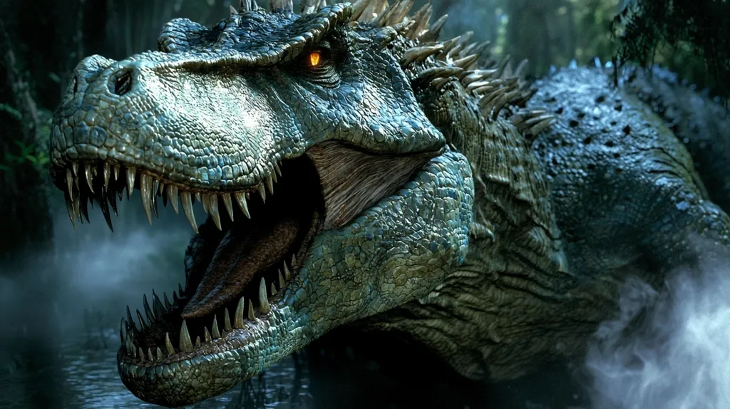 Here's a description of the image:

The image showcases a close-up of a fearsome, large theropod dinosaur, possibly a Tyrannosaurus Rex variant. Its dark teal-green scales are intricately detailed, showing a rough, textured hide.  The dinosaur's mouth is agape, revealing rows of sharp, pointed teeth. Its eyes glow with an intense, fiery orange. The background is blurred, suggesting a dark, misty, swampy or jungle environment. Steam or mist seems to rise from the water around the dinosaur's lower jaw, adding to its menacing aura. The overall impression is one of power, danger, and prehistoric might.