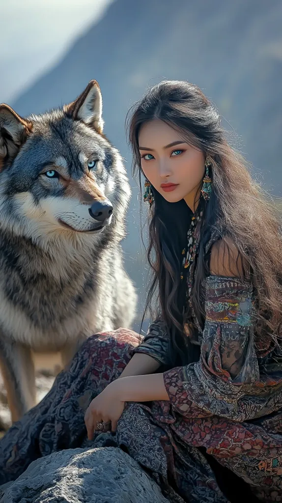 A young woman with long dark hair and striking features sits on a rock, adorned in a richly patterned, bohemian-style dress.  She wears ornate earrings and a necklace.  Beside her, a large gray wolf with piercing blue eyes gazes intently at the viewer. The backdrop is a blurred, mountainous landscape, creating a mystical and ethereal atmosphere. The scene evokes a sense of wild beauty and a connection between the woman and nature.
