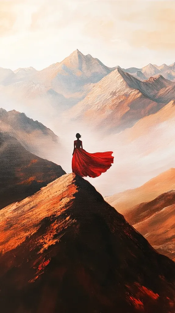 A lone woman in a flowing red dress stands on a mountain peak, her back to the viewer.  The vast, misty mountain range stretches before her, bathed in the warm light of either dawn or dusk. The color palette is predominantly warm, with oranges, browns, and reds dominating the landscape and the woman's dress.  The scene evokes a sense of solitude, contemplation, and the vastness of nature. The style is painterly, with visible brushstrokes adding texture and depth.