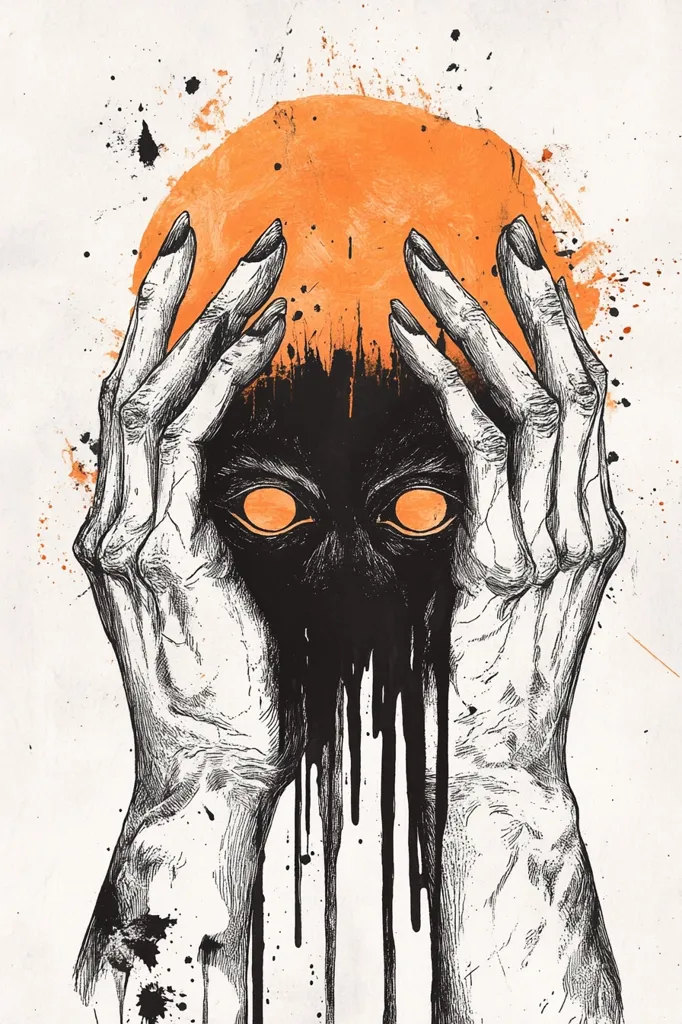 Here's a description of the image:

The artwork is a striking monochrome piece dominated by a pair of intricately detailed hands cradling a dark, almost formless entity.  The hands, rendered in a detailed, almost skeletal style, are positioned above a large, central black mass that drips downwards, suggestive of tar or ink.  Two glowing orange eyes pierce the darkness, creating a chilling contrast.  A large, orange, watercolor-like sunburst is visible behind the hands. The overall effect is surreal and unsettling, evoking feelings of dread and mystery.  The style suggests a blend of ink drawing and digital painting techniques.