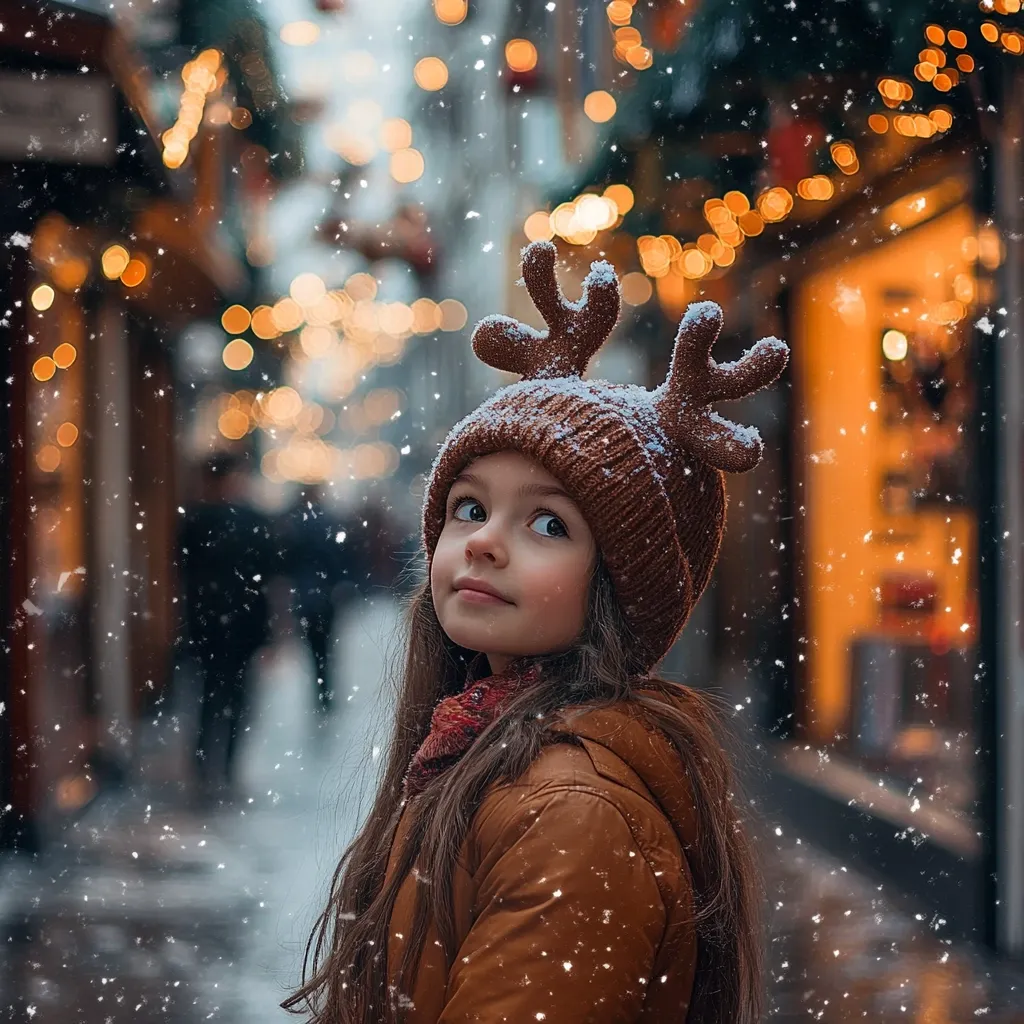 Here's a description of the image:

A young girl with long brown hair looks upward, captivated by falling snow. She wears a brown knitted hat adorned with reindeer antlers, and a matching brown jacket. The background is a softly blurred, enchanting winter scene of a snow-dusted street, lined with warm, glowing shop windows and twinkling Christmas lights.  The overall atmosphere is magical and evokes the wonder of a snowy Christmas Eve. Snowflakes gently fall around her, adding to the festive ambiance.