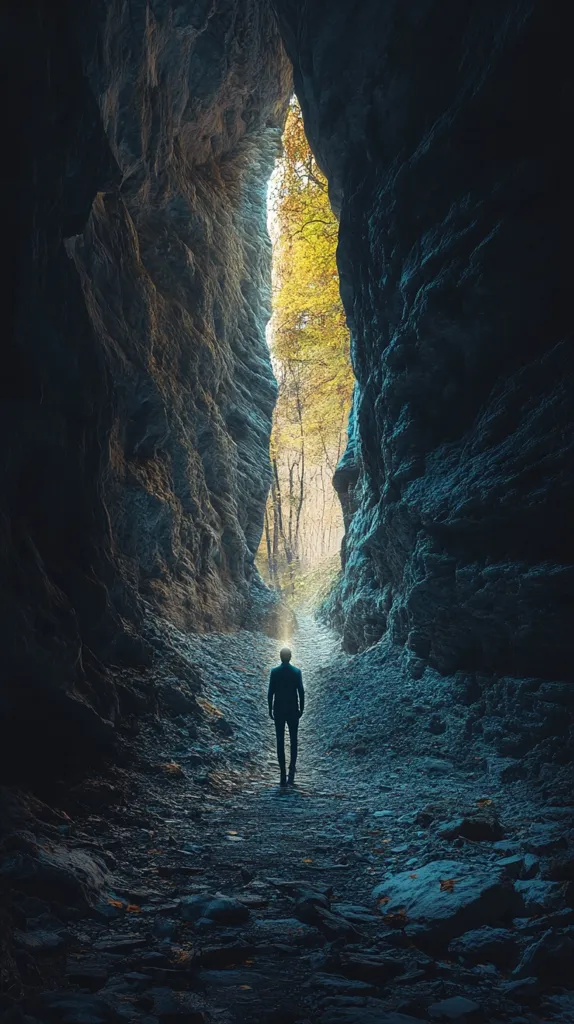 A lone figure stands at the end of a dark, narrow passage carved through towering rock walls.  The passage opens to a bright, autumnal forest, bathed in sunlight. The contrast between the shadowy cave and the illuminated woods creates a dramatic, almost symbolic scene, suggesting a journey from darkness into light, or from confinement to freedom. The person's back is to the viewer, emphasizing their forward progress towards the unknown. The overall mood is contemplative and suggestive of hope.