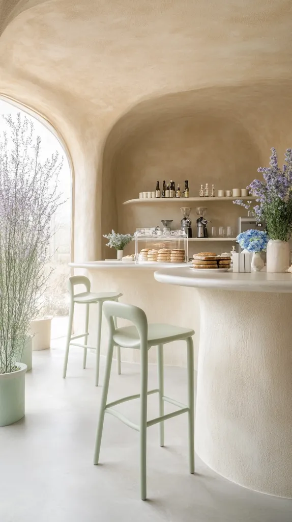 Here's a description of the image:

The image shows a minimalist cafe interior with a curved, textured beige wall.  A pale green counter curves gently, featuring pale green bar stools.  The counter displays pastries and other baked goods. Above the counter is a shelf displaying bottles, cups, and coffee equipment.  A large arched window, letting in natural light, is visible.  Purple and blue flowers in vases provide pops of color. The overall aesthetic is calm, clean, and modern.