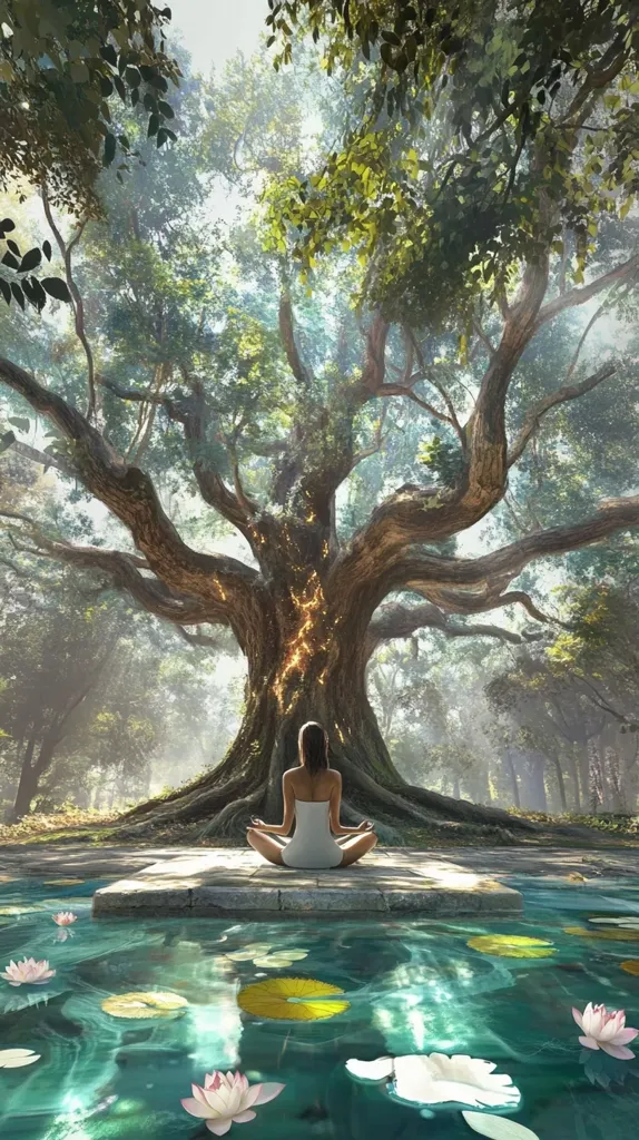A woman sits in a peaceful lotus yoga position on a stone platform beside a serene pool of water.  The platform is situated before an ancient, majestic tree, its branches reaching skyward, appearing almost ethereal with golden light emanating from within its trunk.  Water lilies float on the calm surface of the pool, reflecting the tranquil ambiance of the forest setting. The scene evokes a sense of peace, connection with nature, and spiritual serenity.