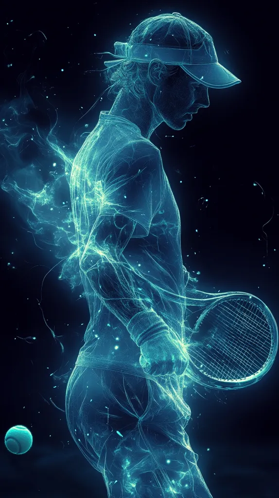 Here's a description of the image:

The image is a stylized depiction of a female tennis player, rendered in a vibrant, ethereal blue.  She's shown in motion, seemingly composed of glowing energy or data streams, rather than solid form. Her body is partially transparent, revealing a faint underlying structure.  A tennis racket is held firmly in her hand, and a tennis ball is visible in the lower left corner. The background is a dark, almost black space, speckled with small, light particles, enhancing the otherworldly quality of the scene. The overall impression is one of speed, energy, and technological advancement applied to the sport of tennis.