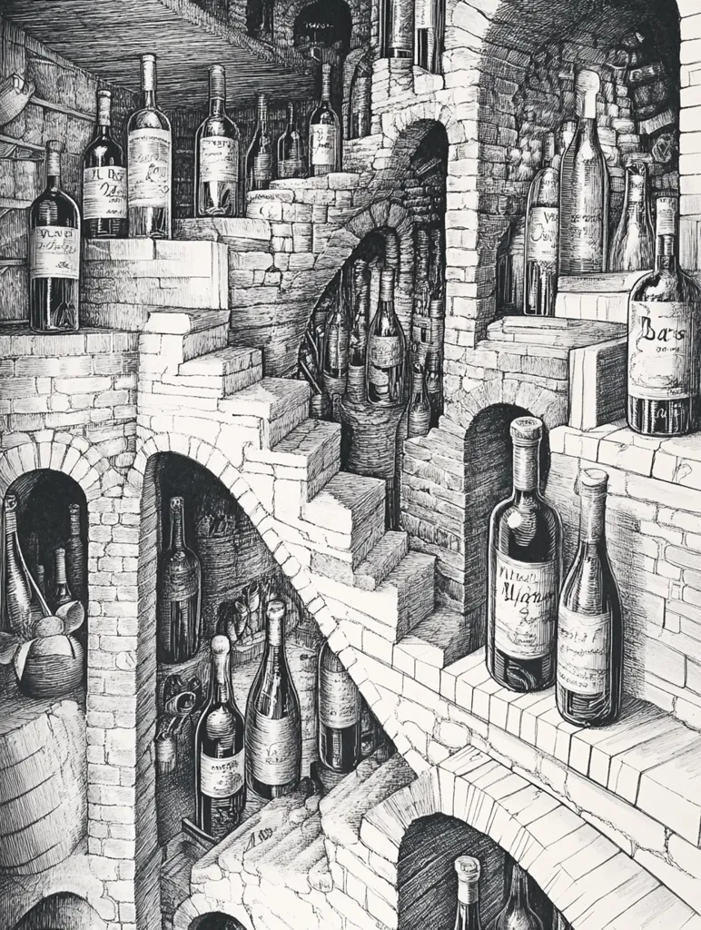 A meticulously detailed pen-and-ink drawing depicts a complex, multi-level wine cellar.  Brick walls and winding staircases create a labyrinthine structure, filled with numerous wine bottles of varying shapes and sizes.  The artist masterfully uses shading and linework to create depth and perspective, emphasizing the abundance of wine stored within the intricate cellar. The overall impression is one of opulence and careful curation.