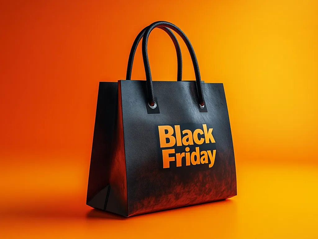 Here's a description of the image:

A black shopping bag sits on a vibrant orange background.  The bag has a textured, slightly worn appearance, and the words "Black Friday" are printed prominently in orange lettering on its front. The bag's handles are dark and appear to be made of a leather-like material. The overall impression is one of advertising for Black Friday sales, with the contrasting colors of the bag and background drawing attention to the message. The lighting and shadowing give the bag a three-dimensional quality.