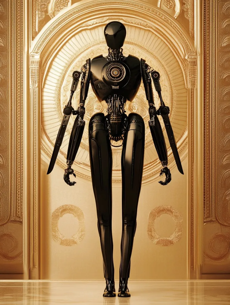 A sleek, black humanoid robot stands in a grand, ornate gold doorway. Its polished, metallic body is detailed with intricate mechanical joints and features a circular core visible on its chest.  Long, slender legs and arms extend from its torso, ending in hands with claw-like fingers. The robot's head is smooth and dome-shaped, devoid of facial features. The opulent gold background provides a striking contrast to the robot's dark form, emphasizing its imposing stature. The overall image suggests a blend of futuristic technology and classical aesthetics.