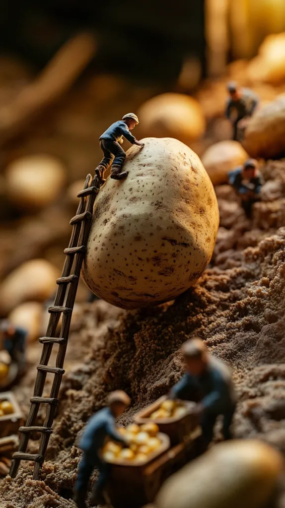 Here's a description of the image:

The photograph depicts a whimsical scene of miniature figures working in a field of oversized potatoes.  One figure climbs a small wooden ladder onto a massive potato, while others load smaller potatoes into miniature carts. The setting is earthy and textured, with the potatoes nestled in loose, sandy soil. The lighting is warm and focused, highlighting the figures and potatoes, creating a stark contrast with the blurred background.  The overall impression is one of playful scale and hard work, suggesting a miniature world of agricultural labor.