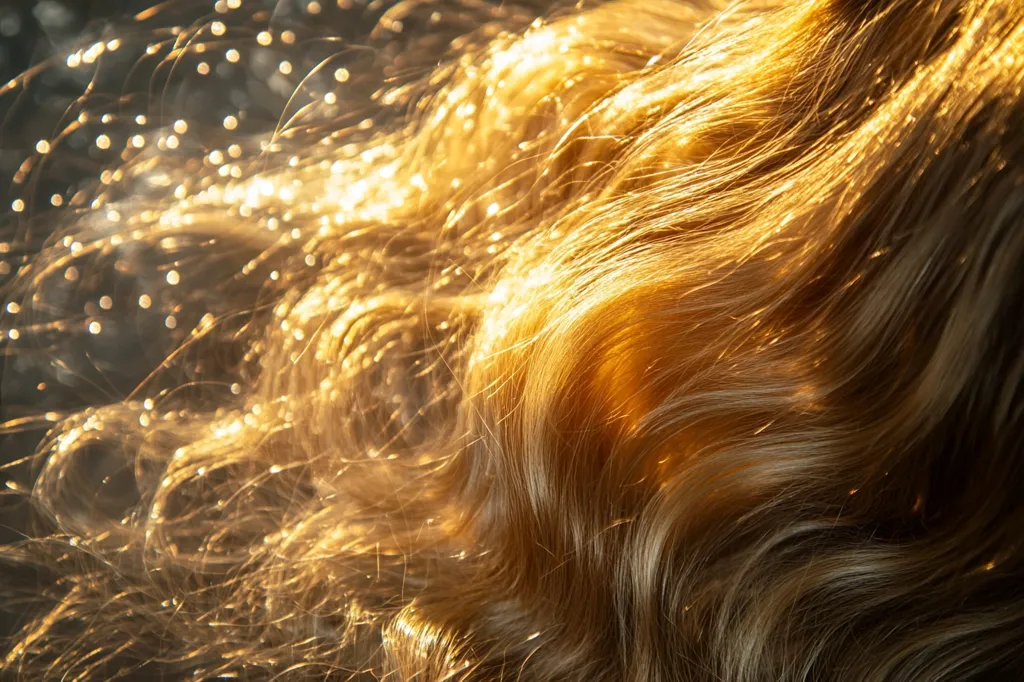 Here's a description of the image:

The image is a close-up shot of long, wavy, light brown hair.  The hair is illuminated from behind, creating a warm, golden glow and highlighting the individual strands.  Tiny sparkles or light reflections are scattered throughout the hair, adding to the ethereal, almost magical quality. The background is dark and out of focus, drawing all attention to the lustrous texture and color of the hair. The overall impression is one of beauty, softness, and light.