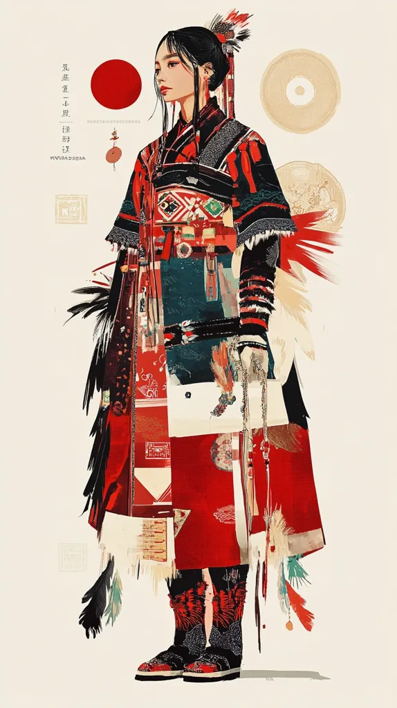 The illustration showcases a stylized female figure, possibly inspired by East Asian aesthetics. She is adorned in a vibrant, layered ensemble of red and black fabrics, incorporating patchwork elements and intricate details.  The clothing features traditional patterns and textures, combined with modern design sensibilities.  Her dark hair is elegantly styled with decorative feathers, and she wears ornate boots. The background is minimalist, featuring symbolic circular shapes and Chinese characters. The overall style is a unique blend of traditional and contemporary elements, creating a striking visual impact.