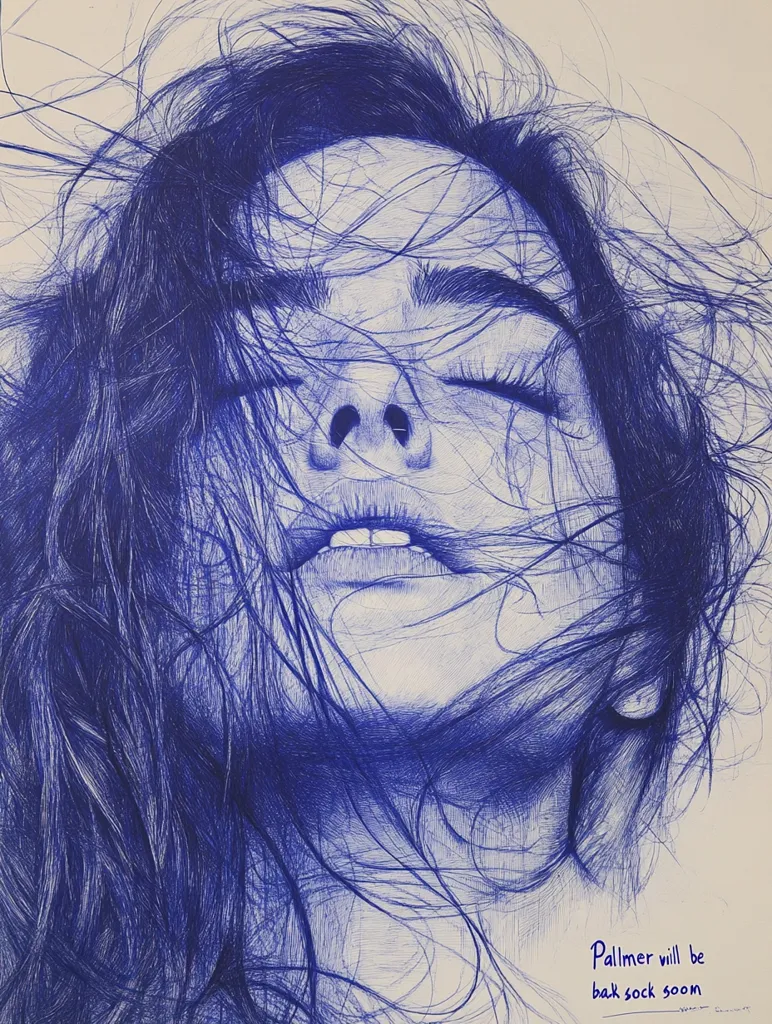 Here's a description of the image:

The artwork is a detailed blue pen-and-ink drawing of a woman's face and hair.  Her eyes are closed, her head is tilted back, and her long hair flows wildly around her, creating a sense of movement and freedom. The artist has meticulously rendered each strand of hair, showcasing impressive skill and attention to detail.  The woman's features are softly defined, focusing on the overall emotion rather than sharp lines. The bottom right corner features a handwritten note: "Palmer will be bak sock soon."  The overall effect is evocative and slightly mysterious.